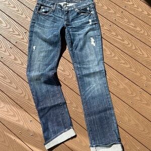 7 for all mankind distressed straight leg mid rise jeans